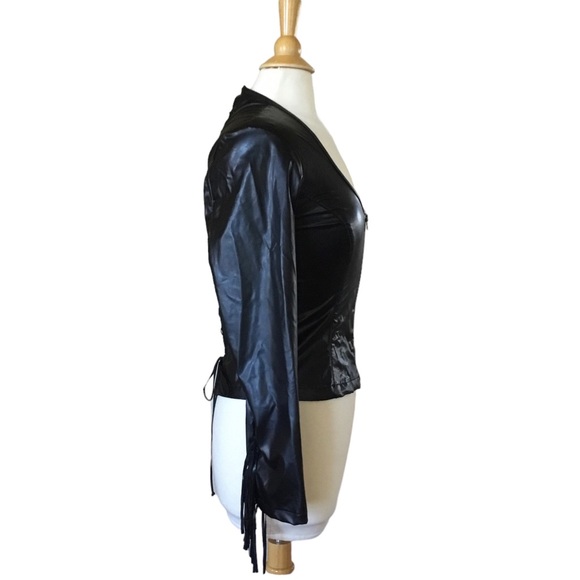 Vintage 80’s 90’s Frederick’s of Hollywood Pleather Back Lace Tie Fringe Jacket - Picture 3 of 14